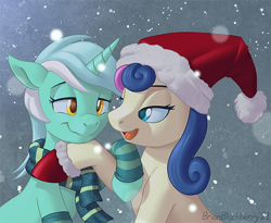Size: 662x543 | Tagged: safe, artist:brianblackberry, bon bon, lyra heartstrings, sweetie drops, earth pony, pony, unicorn, g4, christmas, clothes, couple, duo, duo female, female, hat, hearth's warming eve, holiday, lesbian, looking at each other, looking at someone, mare, open mouth, open smile, romance, santa hat, scarf, ship:lyrabon, shipping, smiling, smiling at each other, snow, snowfall, striped scarf