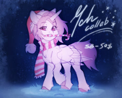 Size: 1250x1000 | Tagged: safe, artist:eltaile, pony, advertisement, candy, candy cane, christmas, clothes, commission, food, hat, holiday, outdoors, santa hat, scarf, snow, striped scarf, winter, your character here