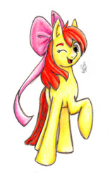 Size: 400x640 | Tagged: safe, artist:mistralla, apple bloom, earth pony, pony, g4, female, filly, foal, one eye closed, solo, traditional art, wink