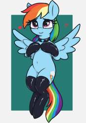 Size: 2100x3000 | Tagged: safe, artist:t72b, rainbow dash, pegasus, pony, belly button, blushing, choker, clothes, feathered wings, female, flying, grin, heart, high res, latex, latex socks, mare, sexy, simple background, smiling, socks, solo, spread wings, stupid sexy rainbow dash, wings