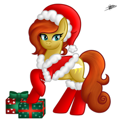 Size: 3687x3885 | Tagged: safe, artist:princessmoonsilver, oc, oc only, oc:storm warrior, earth pony, pony, christmas, clothes, costume, effects, hat, high res, holiday, present, santa costume, simple background, socks, solo, transparent background