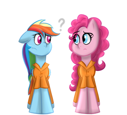 Size: 1280x1164 | Tagged: safe, artist:bluehearttattoo, pinkie pie, rainbow dash, g4, clothes, duo, jumpsuit, prison outfit, prisoner pp, prisoner rd, simple background, transparent background