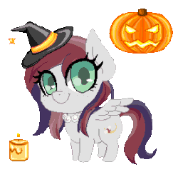 Size: 278x268 | Tagged: safe, artist:imaranx, oc, oc only, oc:evening prose, pegasus, pony, animated, candle, female, flapping wings, freckles, gif, halloween, hat, holiday, jack-o-lantern, jewelry, mare, necklace, one eye closed, pearl necklace, pixel art, pumpkin, simple background, solo, transparent background, wings, wink, witch hat