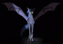 Size: 2218x1535 | Tagged: source needed, safe, artist:killa7, oc, oc:gotha, bat pony, bat wings, black background, female, intimidating, looking at you, lunar guard armour, mare, royal guard, simple background, weapon, wings