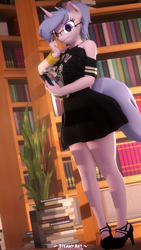 Size: 2160x3840 | Tagged: safe, artist:steamyart, oc, oc only, oc:steamy, unicorn, anthro, 3d, anthro oc, book, bookshelf, clothes, glasses, heterochromia, high heels, high res, horn, library, shoes, skirt, smiling, solo, source filmmaker, unicorn oc