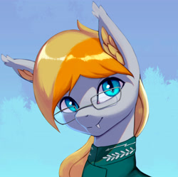 Size: 4016x4000 | Tagged: source needed, safe, artist:mrscroup, oc, oc only, oc:ember eclipse, bat pony, pony, equestria at war mod, absurd resolution, bat pony oc, bust, clothes, ear fluff, eyebrows, fangs, glasses, looking at you, male, portrait, smiling, smiling at you, solo, stallion, uniform