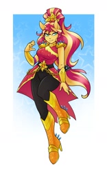 Size: 1500x2400 | Tagged: safe, artist:ambris, sunset shimmer, human, equestria girls, g4, boots, buckle, crystal guardian, female, geode of empathy, high heel boots, lidded eyes, magical geodes, ponied up, pony ears, shoes, sun, waistband, wristband