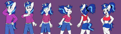 Size: 3396x960 | Tagged: safe, artist:klonoahedgehog, alumnus shining armor, shining armor, unicorn, anthro, equestria girls, g4, bra, clothes, commission, crop top bra, equestria girls ponified, gleaming shield, hand on hip, male to female, ponified, ponytail, rule 63, transformation, transformation sequence, transgender transformation, underwear