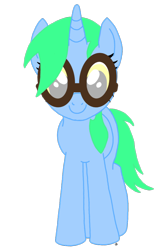 Size: 794x1200 | Tagged: safe, artist:jelly_fash, oc, oc only, oc:jelly fash, pony, unicorn, 2022 community collab, derpibooru community collaboration, female, front view, full body, goggles, green mane, green tail, horn, mare, simple background, smiling, solo, standing, tail, transparent background, unicorn oc