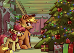 Size: 1412x1012 | Tagged: safe, artist:ami-gami, apple bloom, applejack, earth pony, pony, g4, adorabloom, apple, apple sisters, christmas, christmas tree, cowboy hat, cute, duo, food, hat, holiday, jackabetes, present, siblings, sisters, tree