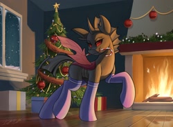 Size: 2048x1506 | Tagged: safe, artist:kaylerustone, oc, oc only, oc:chara, changeling, pony, candy, candy cane, christmas, christmas tree, clothes, fireplace, food, holiday, lidded eyes, mouth hold, present, red changeling, socks, solo, spread wings, thigh highs, tree, wings