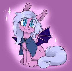 Size: 2196x2150 | Tagged: source needed, safe, artist:cattie, oc, oc only, oc:amethyst crescent, bat pony, pony, bat pony oc, bat wings, cape, chest fluff, clothes, colored pupils, cute, eye clipping through hair, eyebrows, eyebrows visible through hair, eyelashes, fangs, female, high res, looking at you, mare, robe, sitting, smiling, smiling at you, solo, spread wings, wings