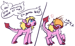 Size: 1394x864 | Tagged: safe, artist:rivibaes, oc, oc:radelia van heleidon, dracony, dragon, hybrid, pony, angry, behaving like a cat, cheese, cheese slap, chest fluff, claws, colored ears, comic, dialogue, female, filly, foal, food, frown, glare, horns, looking up, offscreen character, open mouth, pale belly, raised hoof, silly, silly pony, simple background, sliced cheese, solo, speech bubble, trembling, white background