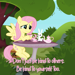 Size: 1655x1655 | Tagged: safe, artist:lovinglypromise, angel bunny, fluttershy, pony, g4, cute, movie accurate, mushroom table, shyabetes, teapot, tree
