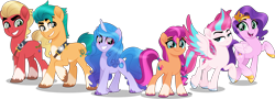 Size: 4000x1433 | Tagged: safe, artist:orin331, hitch trailblazer, izzy moonbow, pipp petals, sprout cloverleaf, sunny starscout, zipp storm, earth pony, pegasus, pony, unicorn, g4, g5, my little pony: a new generation, dreamworks face, female, frown, g5 to g4, grin, high res, looking at you, male, mane five, mare, open mouth, open smile, raised hoof, simple background, smiling, smiling at you, spread wings, sprout joins the mane five, stallion, transparent background, vector, wings