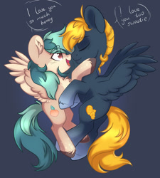 Size: 1280x1424 | Tagged: safe, artist:lazycloud, oc, oc only, oc:osteen, oc:peacher, pegasus, pony, couple, dialogue, duo, female, love, male, mare, oc x oc, peachsteen, shipping, simple background, stallion, straight