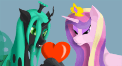 Size: 600x326 | Tagged: artist needed, safe, princess cadance, queen chrysalis, alicorn, changeling, pony, g4, animated, gif, heart, licking, tongue out