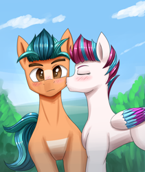 Size: 1600x1900 | Tagged: safe, artist:zachc, hitch trailblazer, zipp storm, earth pony, pegasus, pony, g5, my little pony: a new generation, blushing, cheek kiss, colored belly, concave belly, duo, female, kissing, male, mare, pale belly, ship:stormblazer, shipping, slender, stallion, sternocleidomastoid, straight, thin