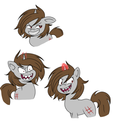 Size: 3335x3688 | Tagged: safe, artist:dreamy990, oc, oc only, oc:scar tissue, pony, unicorn, g4, g5, my little pony: a new generation, brown mane, brown tail, evil smile, eye clipping through hair, floppy ears, g5 to g4, glowing, glowing horn, grin, high res, horn, magic, magic aura, male, messy mane, open mouth, sharp teeth, shrunken pupils, simple background, smiling, solo, stallion, tail, teeth, unicorn oc, white background
