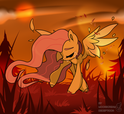 Size: 2335x2160 | Tagged: safe, artist:moonscream decepticon, fluttershy, pegasus, pony, g4, crying, eyes closed, female, high res, mare, solo, sunset, windswept mane