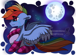 Size: 1024x736 | Tagged: safe, artist:moonscream decepticon, rainbow dash, pegasus, pony, g4, clothes, crying, female, full moon, mare, moon, pillow, socks, solo, spread wings, striped socks, wings