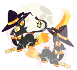 Size: 2563x2340 | Tagged: safe, artist:khimi-chan, oc, oc only, cat, cat pony, original species, broom, duo, flying, flying broomstick, full moon, hat, high res, lantern, moon, prehensile tail, simple background, tail, transparent background, witch hat
