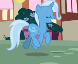 Size: 498x412 | Tagged: safe, screencap, trixie, pony, unicorn, all bottled up, g4, season 7, animated, eyes closed, female, gif, horn, mare, outdoors, shadow, solo, tail, talking, trotting, two toned mane, two toned tail