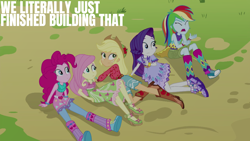 Size: 1920x1080 | Tagged: safe, edit, edited screencap, editor:quoterific, screencap, applejack, fluttershy, pinkie pie, rainbow dash, rarity, equestria girls, g4, my little pony equestria girls: legend of everfree, applejack's hat, clothes, converse, cowboy hat, eyes closed, female, hat, open mouth, shoes