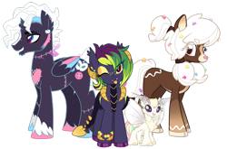 Size: 3017x1988 | Tagged: safe, artist:khimi-chan, oc, oc only, alicorn, deer, dracony, dragon, hybrid, moth, mothpony, original species, pony, alicorn oc, deer oc, female, group, horn, makeup, male, mare, one eye closed, simple background, smiling, stallion, transparent background, wings, wink