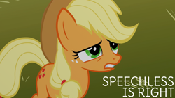Size: 1920x1080 | Tagged: safe, edit, edited screencap, editor:quoterific, screencap, applejack, earth pony, pony, g4, season 1, the show stoppers, applejack's hat, caption, cowboy hat, female, freckles, green eyes, gritted teeth, hat, mare, solo, text