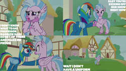 Size: 4400x2475 | Tagged: safe, edit, edited screencap, editor:quoterific, screencap, rainbow dash, silverstream, hippogriff, pegasus, pony, g4, season 9, uprooted, bipedal, butt, clothes, duo, duo female, female, frown, goggles, grin, hands on cheeks, handshake, high res, mare, open mouth, open smile, plot, smiling, uniform, wonderbolts uniform