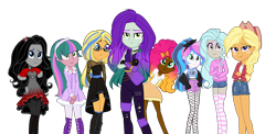 Size: 2220x1080 | Tagged: safe, artist:gihhbloonde, oc, oc only, equestria girls, g4, bedroom eyes, clothes, crossed arms, dark skin, eyelashes, female, group, simple background, skirt, socks, striped socks, transparent background