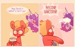 Size: 1154x720 | Tagged: safe, artist:sockiepuppetry, izzy moonbow, sprout cloverleaf, earth pony, pony, unicorn, g5, my little pony: a new generation, begone thot, bing bong, comic, dialogue, female, food, male, mare, mayonnaise, sauce, speech bubble, stallion, thot