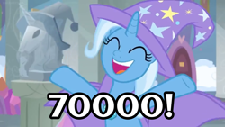 Size: 1600x900 | Tagged: safe, edit, edited screencap, screencap, trixie, pony, unicorn, a horse shoe-in, season 9, 70000, ^^, cape, caption, clothes, cute, diatrixes, eyes closed, female, happy, hat, mare, meta, milestone, open mouth, open smile, smiling, solo, text, trixie's cape, trixie's hat, two toned mane