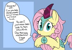 Size: 2821x1954 | Tagged: safe, artist:icey, fluttershy, kirin, g4, blue background, bronybait, cute, dialogue, female, high res, kirin fluttershy, kirin-ified, looking at you, open mouth, shyabetes, signature, solo, species swap, speech bubble
