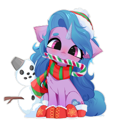 Size: 2621x2805 | Tagged: safe, artist:xsatanielx, part of a set, izzy moonbow, pony, unicorn, g5, my little pony: a new generation, blushing, boots, candy, candy cane, christmas, clothes, cute, female, food, hat, high res, holiday, horn, izzybetes, looking at you, mare, mouth hold, scarf, shoes, simple background, sitting, smiling, smiling at you, snowman, solo, transparent background