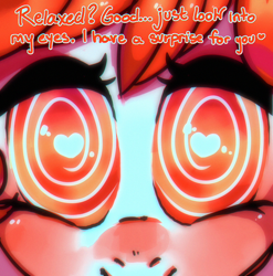 Size: 1480x1500 | Tagged: safe, artist:bunchi, oc, oc:poppy doll, earth pony, pony, blushing, dialogue, eye contact, eyelashes, heart, heart eyes, hypnosis, hypnotized, looking at each other, looking at someone, looking at you, red eyes, smiling, smiling at you, solo, swirly eyes, wingding eyes