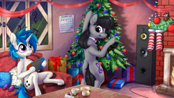 Size: 1536x864 | Tagged: safe, artist:calena, dj pon-3, octavia melody, vinyl scratch, pony, unicorn, g4, 2021, banner, bipedal, calendar, christmas, christmas lights, christmas tree, commission, cute, fireplace, glasses, glasses off, holiday, looking at each other, looking at someone, nintendo switch, present, subwoofer, tavibetes, tree, vinylbetes, window