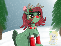 Size: 1600x1200 | Tagged: safe, artist:gray star, derpibooru exclusive, oc, oc only, oc:minty shine (graystar), deer, reindeer, fallout equestria, angry, bell, bell collar, blushing, clothes, collar, doe, fallout equestria: all things unequal, fallout equestria:all things unequal (pathfinder), female, holiday, reindeerified, reins, snow, snowfall, species swap, stockings, thigh highs, tree