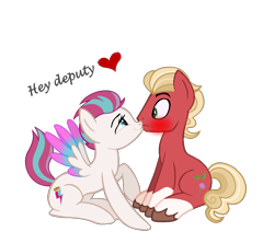 Size: 906x803 | Tagged: safe, artist:rozyfly10, sprout cloverleaf, zipp storm, earth pony, pegasus, pony, g4, g5, my little pony: a new generation, blushing, coat markings, colored wings, duo, eye contact, female, g5 to g4, generation leap, heart, kiss on the lips, kissing, looking at each other, looking at someone, male, mare, raised hoof, ship:cloverstorm, shipping, show accurate, simple background, sitting, socks (coat markings), spread wings, stallion, straight, surprise kiss, tail, text, transparent background, unshorn fetlocks, wings