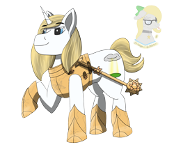 Size: 1600x1350 | Tagged: safe, artist:gray star, derpibooru exclusive, oc, oc only, oc:father bright, pony, unicorn, fallout equestria, armor, cult leader, fallout equestria: all things unequal, fallout equestria:all things unequal (pathfinder), friendly, male, morning star, simple background, smiling, stallion, transparent background, weapon