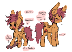 Size: 1176x850 | Tagged: safe, artist:demonboy, scootaloo, pegasus, pony, g4, aged-up, alternate design, bandaid, chest fluff, determined, notes, simple background, skateboard, smiling, solo, tattoo