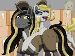 Size: 1600x1200 | Tagged: safe, artist:gray star, derpibooru exclusive, oc, oc only, oc:gray star, oc:knick knack, :3, female, glasses, glomp, happy, male, mare, outfit, overjoyed, stallion, teary eyes, ups, ups uniform