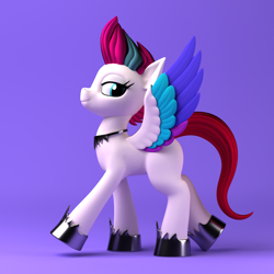 Size: 1920x1920 | Tagged: safe, artist:argos90, zipp storm, pegasus, pony, g4, g5, my little pony: a new generation, 3d, bedroom eyes, colored wings, feathered wings, female, g5 to g4, looking at you, mare, multicolored wings, purple background, simple background, smiling, smiling at you, solo, spread wings, standing on two hooves, wings