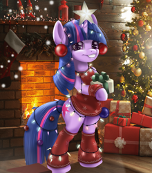 Size: 1345x1526 | Tagged: safe, artist:mdwines, twilight sparkle, pony, unicorn, bipedal, christmas, christmas lights, christmas tree, clothes, cute, female, fire, fireplace, holiday, mare, new year, present, smiling, solo, sweater, tree, unicorn twilight