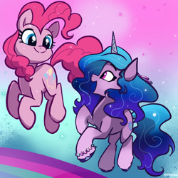 Size: 2048x2048 | Tagged: safe, artist:pfeffaroo, izzy moonbow, pinkie pie, earth pony, pony, unicorn, g4, g5, my little pony: a new generation, abstract background, bracelet, duo, duo female, female, generation leap, high res, izzy and her heroine, jewelry, looking at each other, looking at someone, mare, midair, open mouth, open smile, smiling, smiling at each other, turned head