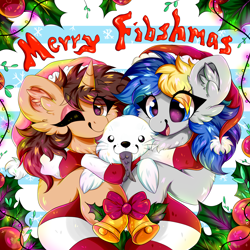 Size: 2362x2362 | Tagged: safe, artist:woonborg, oc, oc:bluecode, oc:woonie, fish, pony, seal, unicorn, bells, christmas, christmas lights, clothes, ear fluff, fluffy, hat, high res, holiday, leaves, open mouth, santa hat, scarf, smiling