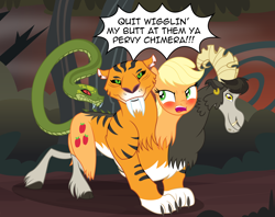 Size: 3420x2712 | Tagged: safe, artist:badumsquish, derpibooru exclusive, applejack, chimera sisters, big cat, chimera, earth pony, goat, pony, snake, tiger, g4, somepony to watch over me, angry, applebutt, assimilation, blushing, body control, butt shake, dialogue, embarrassed, flirting, four heads, fusion, glare, high res, hip, looking at you, multiple heads, open mouth, show accurate, taunting, unamused, varying degrees of want, wat, we have become one