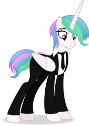 Size: 5077x7181 | Tagged: safe, artist:anime-equestria, princess celestia, alicorn, pony, g4, absurd resolution, alternate hairstyle, clothes, female, folded wings, full body, haircut, horn, lidded eyes, mare, multicolored mane, multicolored tail, necktie, purple eyes, shadow, short hair, short mane, short tail, show accurate, simple background, smiling, solo, standing, suit, tail, three quarter view, transparent background, vector, wings