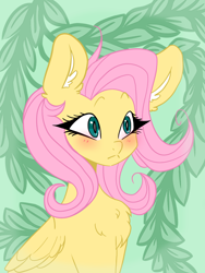 Size: 768x1024 | Tagged: safe, artist:skittywanuskitz, fluttershy, pegasus, pony, g4, :<, blushing, bust, chest fluff, ear fluff, female, folded wings, leaves, mare, portrait, solo, three quarter view, wings